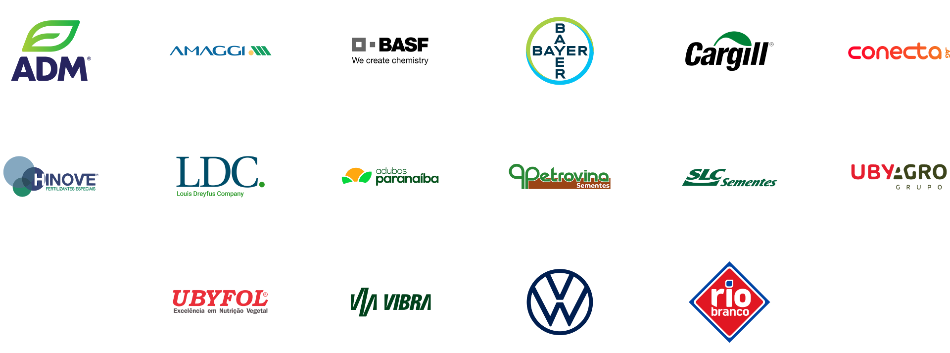 Logos das empresas parceiras da Grão Direto: ADM, LDC, CARGILL, AMAGGI e diversas outras.